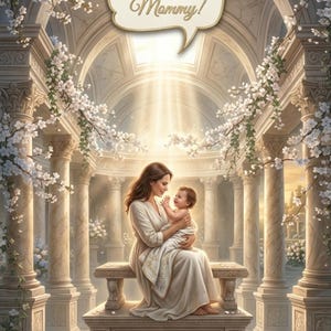 Può includere: Immagine di arte digitale di una madre e un bambino in un ambiente classico. La madre, in un vestito bianco, tiene in braccio il bambino. Un fumetto dice: "Ti amo, mamma!" La scena è incorniciata da colonne, fiori e una fontana.