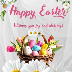 Può includere: Immagine pasquale con un cestino di vimini pieno di uova colorate e tulipani. Il cestino è decorato con un pulcino e margherite. Le parole "Buona Pasqua" sono scritte in rosa, con il messaggio "Augurandovi gioia e benedizioni".