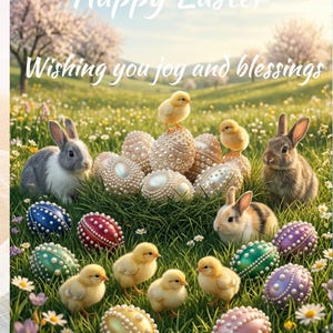 Può includere: Un'immagine pasquale con il testo "Buona Pasqua" e "Augurandoti gioia e benedizioni." L'immagine presenta uova decorate, pulcini soffici e conigli in un campo erboso con alberi in fiore.