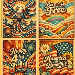 Può includere: Un set di quattro poster rettangolari con temi patriottici. Uno mostra un'aquila con il testo Land of the Free, un altro un arcobaleno con Born to be Free, un terzo fuochi d'artificio con Happy 4th of July e l'ultimo fiori con America the Beautiful.
