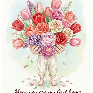 Può includere: Illustrazione ad acquerello di un bambino che tiene in mano un grande bouquet di fiori. Il bouquet comprende tulipani rossi, rose rosa e lilla viola. Il testo recita: "Mamma, sei la mia prima casa. Buona festa della mamma."