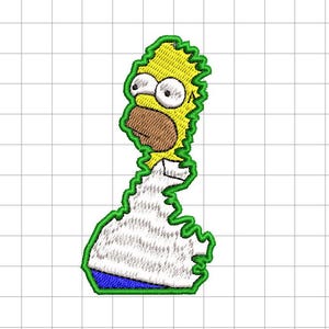 May include: Embroidered patch featuring Homer Simpson with yellow skin, a brown mouth, and white eyes. He is wearing a white shirt with blue pants, outlined in green. The patch is designed for application on fabric.