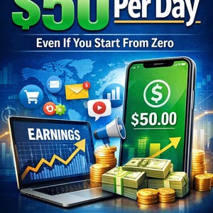 Può includere: Grafica promozionale con il testo "Make $50 Per Day". Un laptop mostra un grafico dei guadagni e uno smartphone mostra un simbolo del dollaro e $50,00. Sono presenti anche pile di monete e contanti. La grafica promuove semplici metodi online.