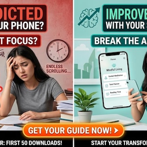 Può includere: Immagine divisa in due parti con il testo "ADDICTED TO YOUR PHONE? CAN'T FOCUS?" a sinistra e "IMPROVE YOUR LIFE WITH YOUR SMARTPHONE! BREAK THE ADDICTION." a destra. Il lato sinistro mostra un telefono con icone di social media, il lato destro un telefono con un'app "Mindful Living".
