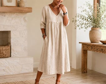Natürliches Leinen Midikleid, Minimalistisches Cottagecore Kleid, Sommerkleid Lockere Passform, Vintage Inspiriertes Beiges Kleid, Slow Fashion Alltagskleid