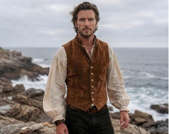 Mens Suede Leather Vest | Vintage Leather Waistcoat | Mens Genuine Leather Vest | Brown Suede Leather Vest