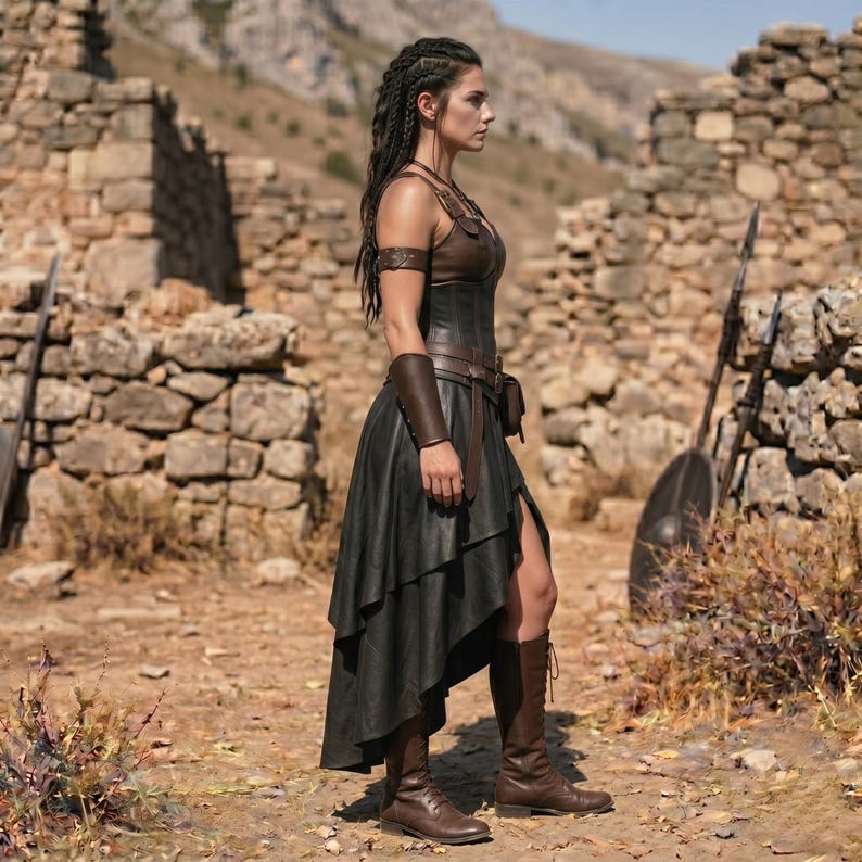 May include: A brown leather bodice with a matching arm cuff and a black high-low skirt. The outfit includes a brown leather belt with a small pouch and brown leather boots. The ensemble features structured leather panels and layered fabric construction.