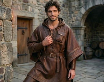 Hooded Leather Ranger Cloak | Men's LARP Fantasy Tunic | Medieval Celtic Cosplay Poncho