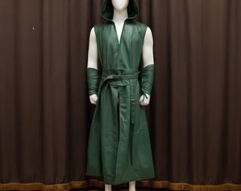 Green Leather Ranger Costume | Hooded Medieval Rogue Tunic | Men's LARP Hunter Set