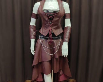 Burgundy Fantasy Pirate Outfit | Women's Medieval Leather Corset | Dark Renaissance LARP Skirt