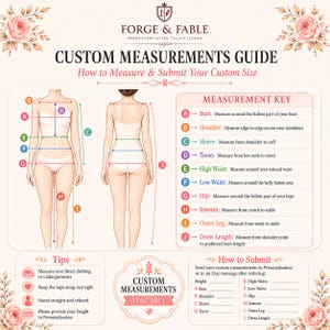 May include: A custom measurements guide by Forge & Fable featuring two figures showing body measurement points labeled A through J. Includes a measurement key, tips for measuring, and a submission form for bust, shoulder, sleeve, torso, waist, hip, and leg lengths.