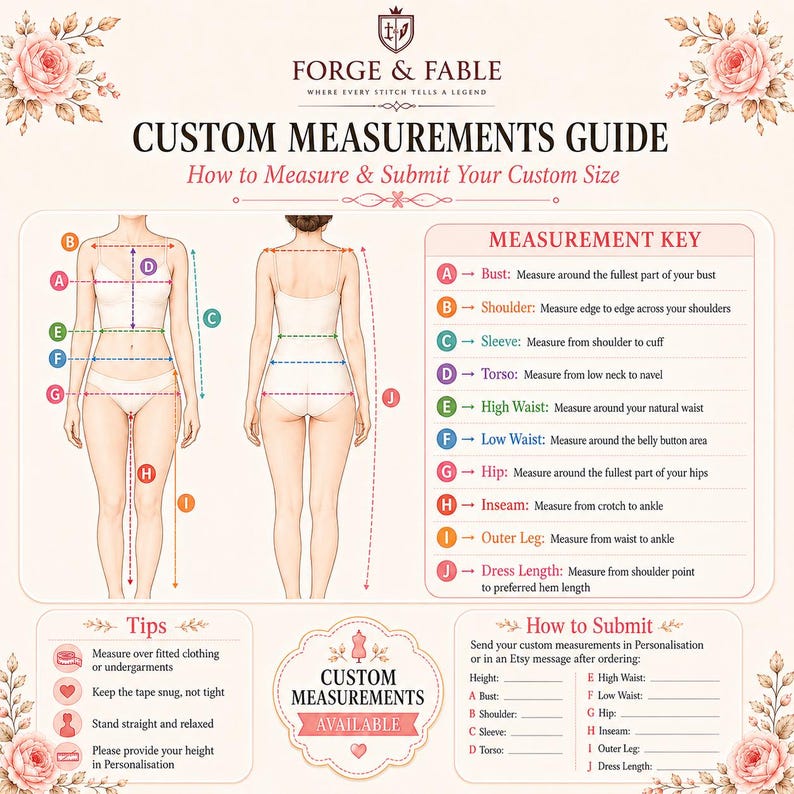 May include: A custom measurements guide by Forge & Fable featuring two figures showing body measurement points labeled A through J. Includes a measurement key, tips for measuring, and a submission form for bust, shoulder, sleeve, torso, waist, hip, and leg lengths.