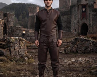 Medieval Fantasy Rogue Costume | Dark LARP Warrior Outfit | Men's Brown Leather Tunic