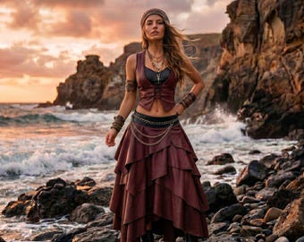 Burgundy Leather Vest & Tiered Maxi Skirt | Pirate Cosplay Costume Set | Renaissance Faire LARP Outfit