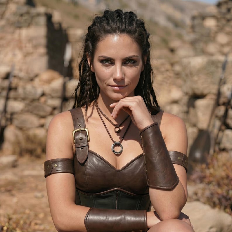 May include: A dark brown leather bodice featuring a buckle strap on the shoulder, paired with matching brown leather arm bracers and arm bands. The ensemble includes two layered necklaces with circular pendants, worn over a black corset-style top.