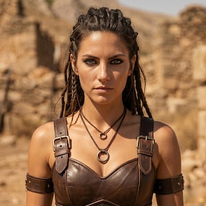 May include: A brown leather bodice featuring thick shoulder straps with metal buckles and matching arm bands. The garment is worn with two layered necklaces, each consisting of a thin brown cord and a simple circular metal pendant.