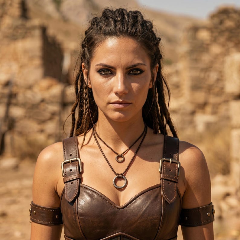 May include: A brown leather bodice featuring thick shoulder straps with metal buckles and matching arm bands. The garment is worn with two layered necklaces, each consisting of a thin brown cord and a simple circular metal pendant.