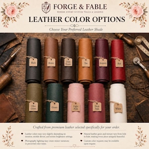 May include: A color chart displaying twelve rolled leather swatches in black, brown, dark brown, tan, burgundy, red, olive green, green, light pink, dark pink, and white. Each roll features a small square tag with the color name printed on it.