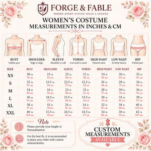 May include: A Forge & Fable size chart for costumes featuring a table with measurements in inches and centimeters for sizes XS to XXL. The chart includes diagrams for bust, shoulder, sleeve, torso, high waist, low waist, and hip measurements.