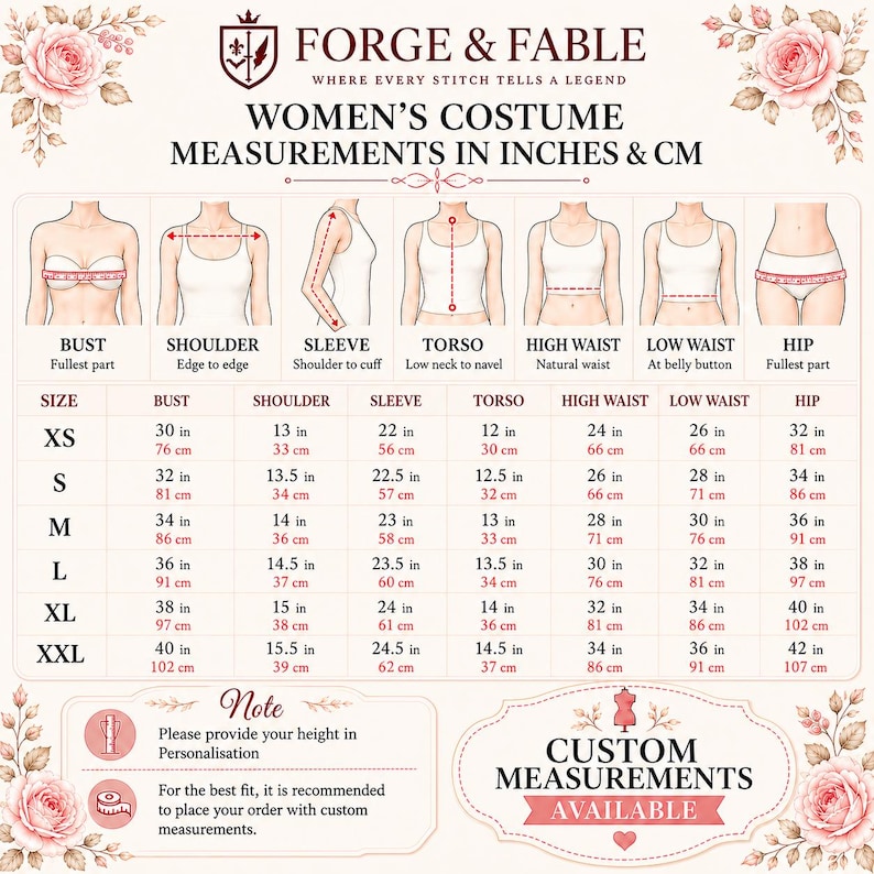 May include: A Forge & Fable size chart for costumes featuring a table with measurements in inches and centimeters for sizes XS to XXL. The chart includes diagrams for bust, shoulder, sleeve, torso, high waist, low waist, and hip measurements.
