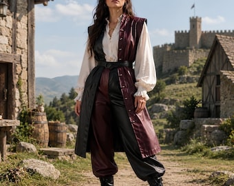 Women's Genuine Leather Surcoat | Elegant Renaissance Noble Surcoat | Historical Fantasy Wanderer Outfit
