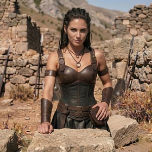 May include: A dark brown and black leather corset with buckled shoulder straps, matching arm bracers, and a waist belt featuring a small attached pouch. The ensemble includes a layered leather bodice with metallic buckles and a dark skirt component.
