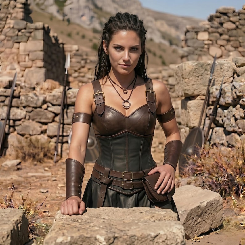 May include: A dark brown and black leather corset with buckled shoulder straps, matching arm bracers, and a waist belt featuring a small attached pouch. The ensemble includes a layered leather bodice with metallic buckles and a dark skirt component.