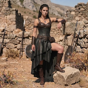 May include: A dark brown leather corset top with matching layered skirt, arm bracers, and a small pouch. The outfit includes a belt with double buckles and brown lace-up boots. The ensemble is constructed from dark leather components and features a high-low hemline on the skirt, providing a structured appearance with multiple straps and metallic hardware accents.