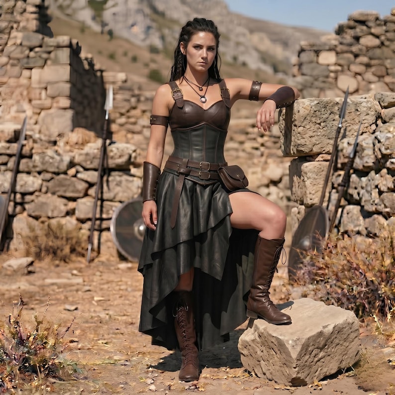 May include: A dark brown leather corset top with matching layered skirt, arm bracers, and a small pouch. The outfit includes a belt with double buckles and brown lace-up boots. The ensemble is constructed from dark leather components and features a high-low hemline on the skirt, providing a structured appearance with multiple straps and metallic hardware accents.