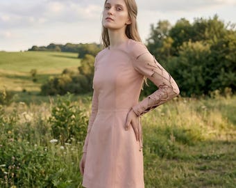 Pink Leather Mini Dress | Lace Up Back Dress | Long Sleeve Leather Dress