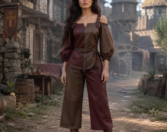Leather Bicolor Women's Tunic | Earthy Peasant Medieval Costume | Charming Maiden Village Outfit