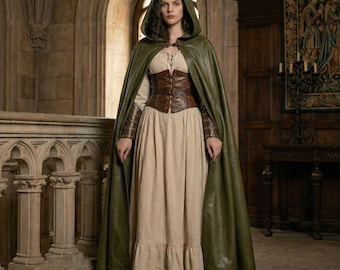 Renaissance Costume Outfit | Genuine Leather Hooded Cape | Leather Corset Belt | Medieval Leather Bracers Set