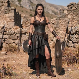 May include: A dark brown leather corset top with matching arm guards, a black high-low skirt, and brown lace-up boots. The outfit includes a leather belt with a small pouch and a round metal shield held at the side, worn in a rocky outdoor setting.