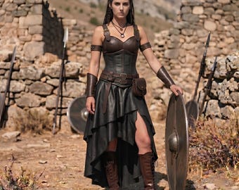 Women's Leather Viking Costume | Medieval Shieldmaiden Leather Outfit | Fantasy LARP Warrior Costume