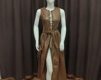 Brown Leather Peasant Outfit | Medieval Renaissance Tavern Dress | Women's LARP Fantasy Costume