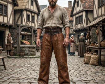 Medieval Leather Pant & Lace Up Waist Belt | Men's Leather Trousers | Rustic Leather Outfit