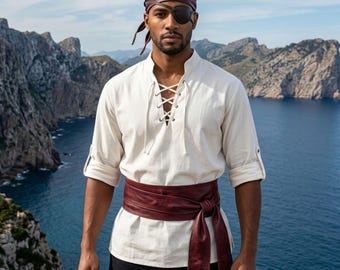Genuine Leather Pirate Set | Leather Head Scarf Cap Eye Patch Belt | Medieval LARP Costume Accessories