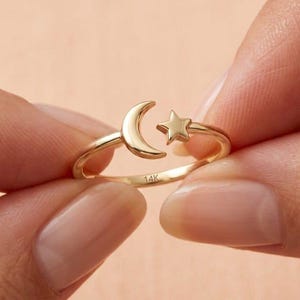 14K Gold Mond Stern Ring Himmlischer zierlicher Ring Halbmond Goldring Gold Stern Ring Minimalistischer Gold offener Ring Frauen Geschenk • AF039
