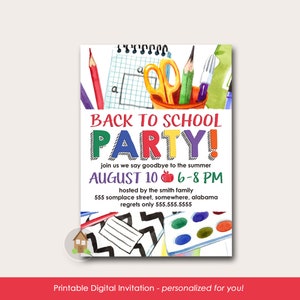 Cool Back to School Party Invitation | Teacher Open House | Printable Back to School Bash | Watercolor School Supplies Digital Invitation