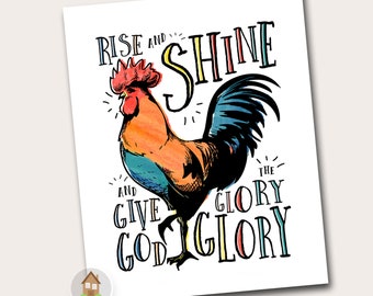 Rise and Shine Wall Art | Rooster Printable Art | Kitchen Wall Decor | Give God the Glory | 8x10 Gallery Wall | U Print Now | DIY PRINTABLE