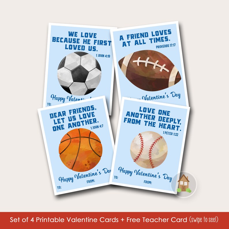 Sports Valentines with Bible Verses Baseball, Football, Basketball and Soccer Valentine Cards Christian Valentines for Boys image 1