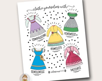 Laundry Room Wall Art | Vintage Dresses Print | Girl's Room Wall Decor | Clothe Yourselves with Kindness | Colossians 3:12 | DIY PRINTABLE