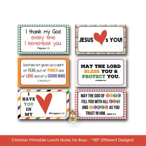 May include: A set of 20 printable lunch notes for boys with Christian themes. The notes feature colourful backgrounds, hearts, and inspirational messages with Bible verses.