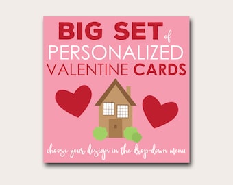 Big Set of Personalized Valentine Cards by Bunglehouse Designs | DIY Printable Valentines Customized with Name