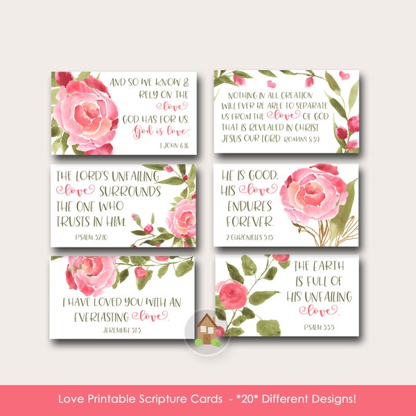 Love Scripture Cards | 20 Beautiful Encouragement Cards with Bible Verses about God's Love | Printable Scriptures