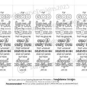 John 3:16 Printable Coloring Bookmark Coloring Project for Sunday School, VBS, Missions Outreach Gospel Bookmark to Color Kids Craft zdjęcie 3