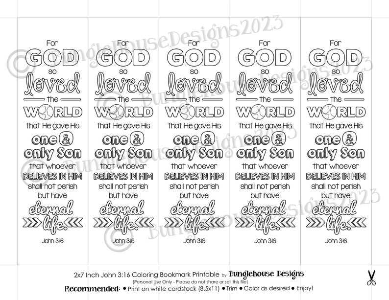 John 3:16 Printable Coloring Bookmark Coloring Project for Sunday School, VBS, Missions Outreach Gospel Bookmark to Color Kids Craft zdjęcie 3