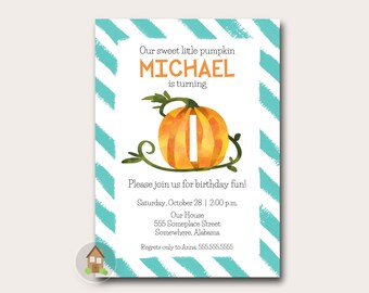 May include: A printable digital invitation with a teal and white striped border. The invitation features the text "Our sweet little pumpkin MICHAEL is turning" above a watercolor pumpkin with the number "1". The invitation includes event details.