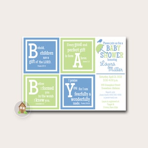 Printable Baby Shower Invitation for Boy | Unique Baby Blocks Christian, Scripture, Bible Verse Invite (Choose Your Colors)