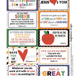 May include: Eight colourful 3.5x2 inch cards with inspirational quotes and bible verses. Each card features a different design with a red heart, a red apple, and a colourful polka dot background. The text on the cards includes phrases like "Let your light shine", "Keep me as the of your eye", "I have you in my heart", and "Have a great day!"